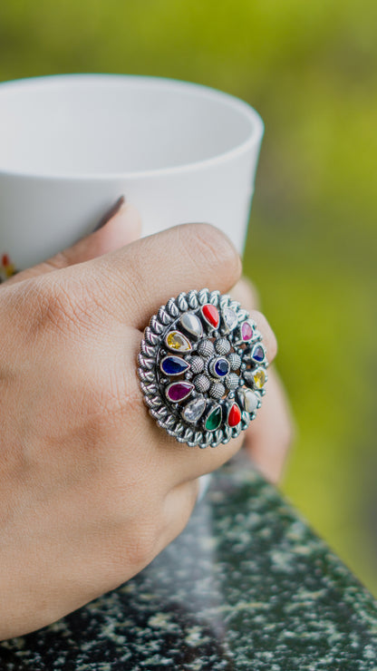 Intricate Navratan Ring ( Blue & Red ) - The Amyra Box